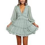 Women's Short Sleeve V Neck Pleated Babydoll Solid Color Tunic Party Swing  Mini Dress 