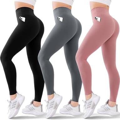 Blisset 3 Pack High Waisted Leggings for Women-Soft Athletic Tummy Control  Pants for Running Yoga Workout Reg & Plus Size(Color:  03-pokets-black/Grey/Rosy Brown, Tamaño: Large-X-Large)
